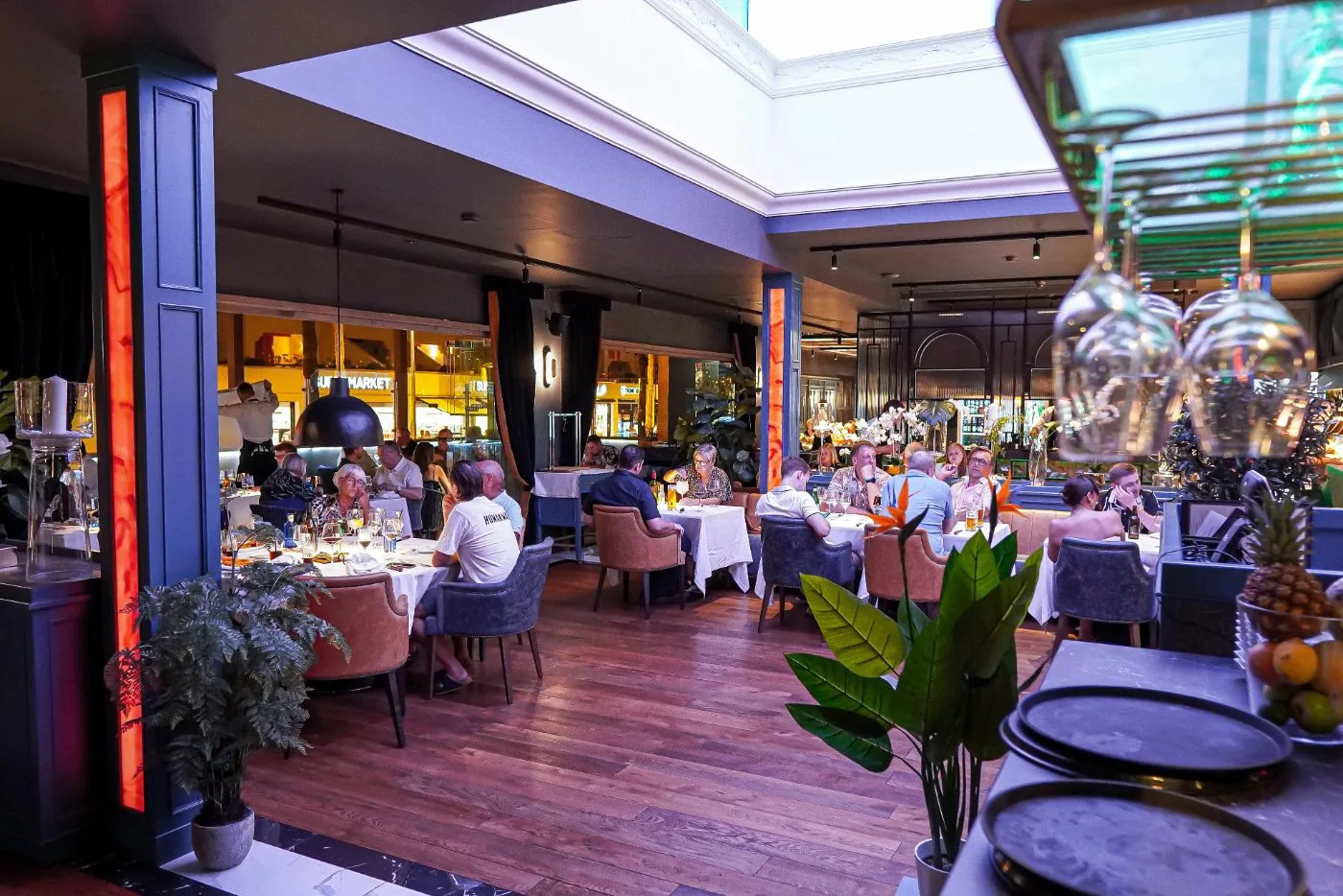 The Bank Steakhouse dining room under a skylight