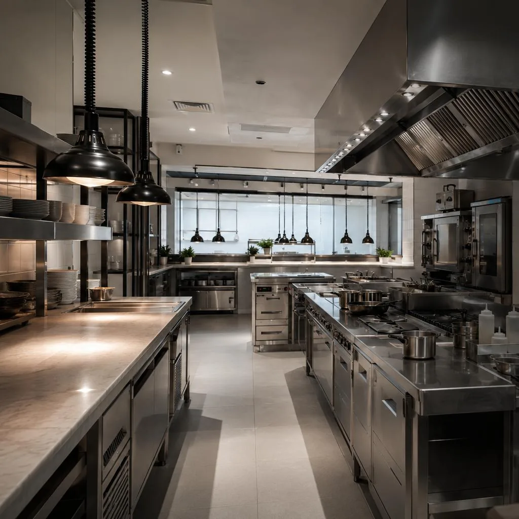 Commercial kitchen fitted with stainless steel equipment