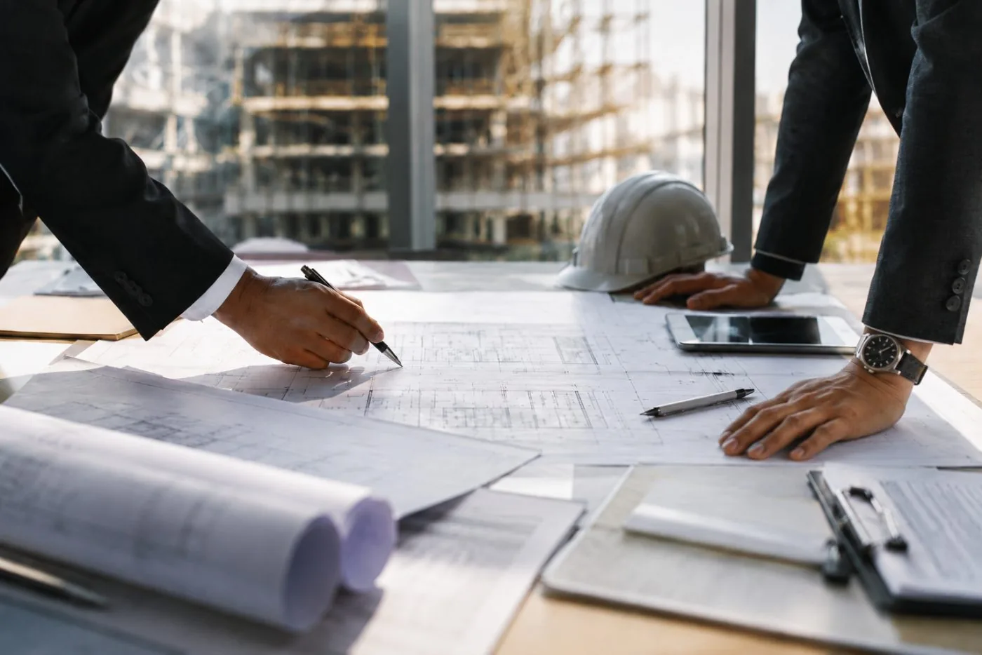 Construction site with project drawings